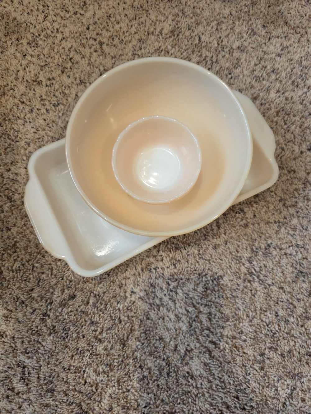 Fire King Peach Lustre 4 Pcs bowl, 2 custard cups, casserole baking rectangle